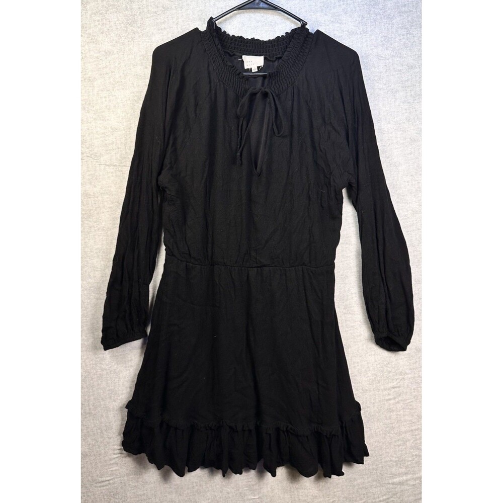 Dee Elly Women's Long Sleeve Ruffle Blouson Dress Size Large Witchy Rayon Black